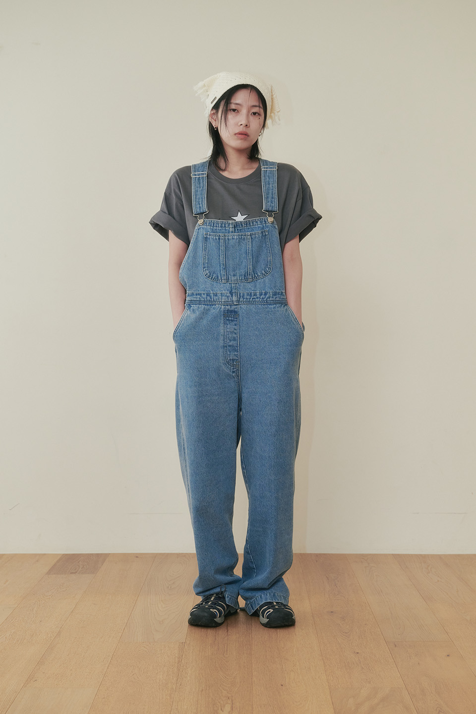 [PLZPROJECT]<br> CURVED BUTTON OVERALL , MEDIUM BLUE